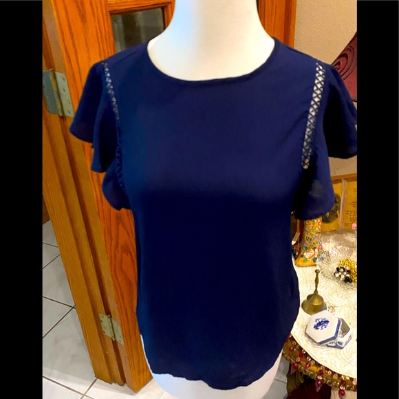 Navy blue blouse with ruffle sleeves by Haute Monde size Small - Picture 1 of 7